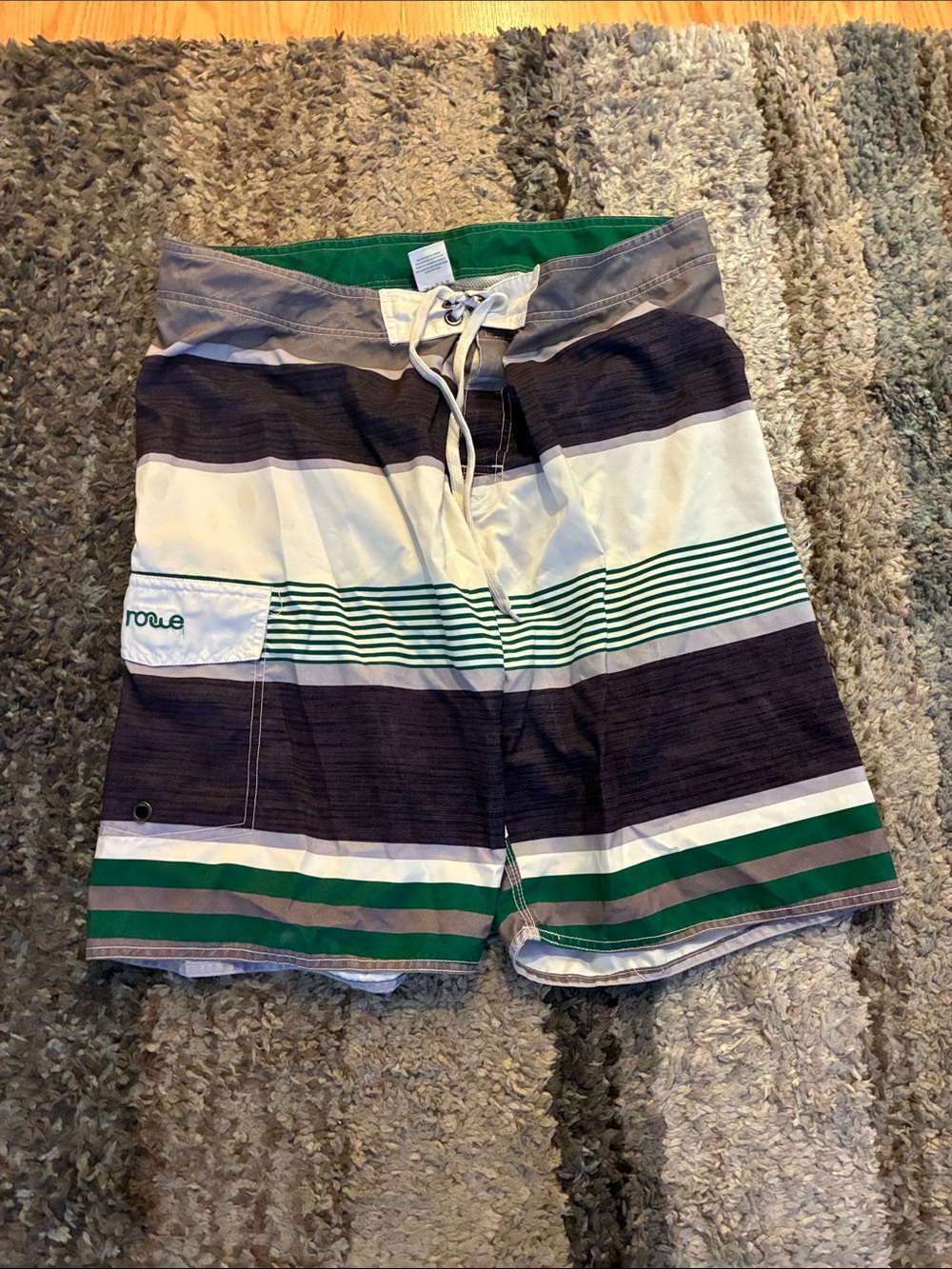 Green, Grey and White Striped Men’s Swim Board Shorts
